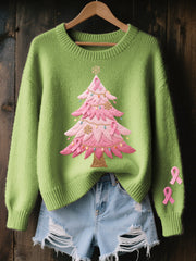 Women's Pink Christmas Tree Embroidered Cozy Knit Sweater