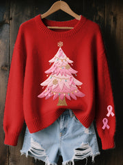 Women's Pink Christmas Tree Embroidered Cozy Knit Sweater
