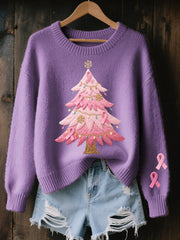 Women's Pink Christmas Tree Embroidered Cozy Knit Sweater