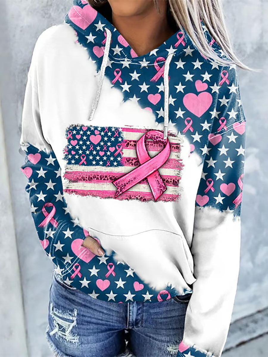 Women's Breast Cancer Awareness Pink Ribbon Print Casual Hoodie
