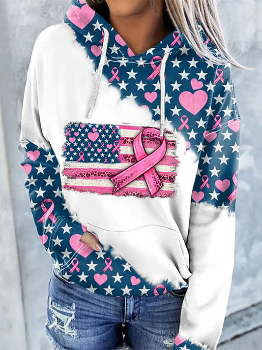 Women's Breast Cancer Awareness Pink Ribbon Print Casual Hoodie