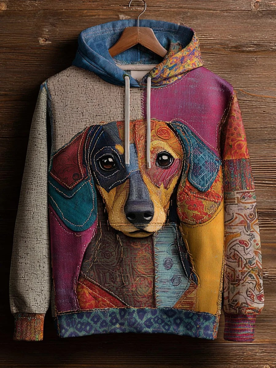 Vintage Patchwork Dog Print Art Casual Hoodie