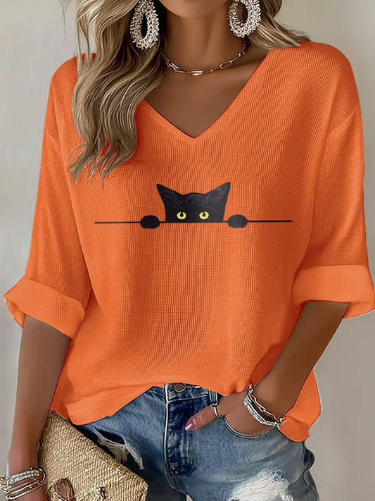 Women's Cat Print Waffle T-shirt