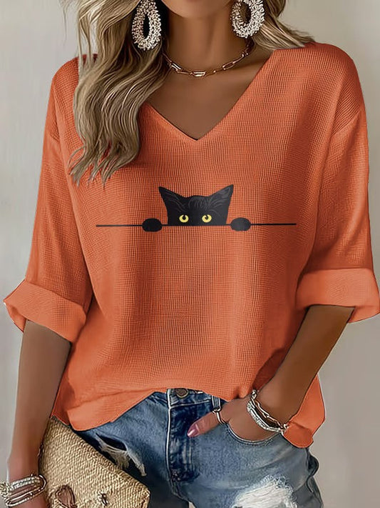 Women's Cat Print Waffle T-shirt