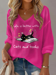 Women's Cat Lover V-neck Long Sleeve T-shirt