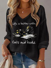 Women's Cat Lover V-neck Long Sleeve T-shirt