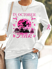 Women's In October We Wear Pink, Pink Halloween Witch Breast Cancer Awareness Sweatshirt