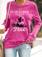 Women's In October We Wear Pink, Pink Halloween Witch Breast Cancer Awareness Sweatshirt