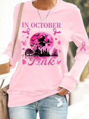Women's In October We Wear Pink, Pink Halloween Witch Breast Cancer Awareness Sweatshirt