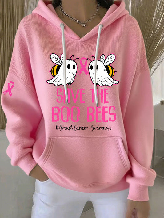 Women's Breast Cancer Awareness Save The Boo Bees Printed Casual Hoodie