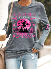 Women's In October We Wear Pink, Pink Halloween Witch Breast Cancer Awareness Sweatshirt