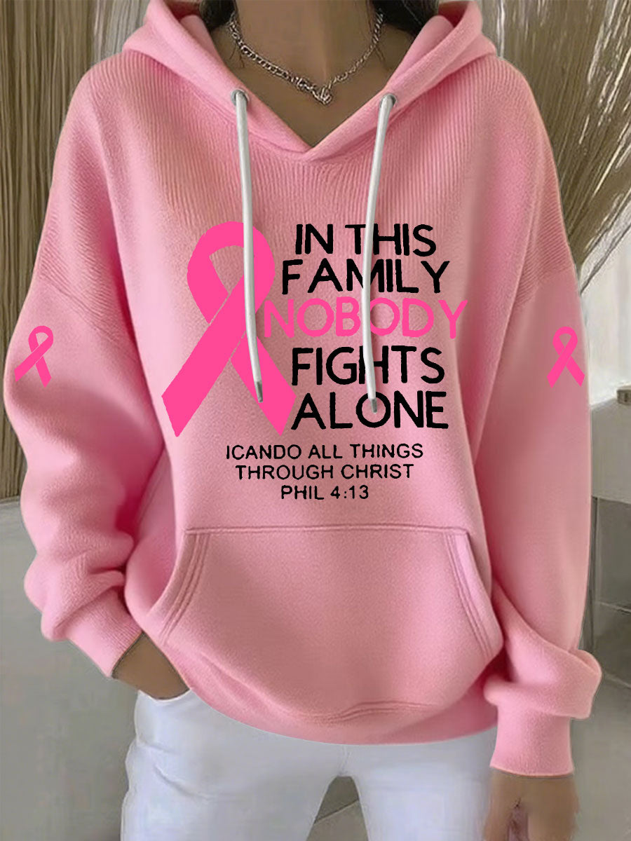 Women's Pink Ribbon Print Casual Hoodie