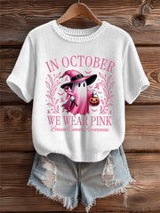 Women's In October We Wear Pink,Pink Halloween Ghost Print Breast Cancer Awareness Tee