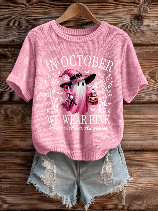 Women's In October We Wear Pink,Pink Halloween Ghost Print Breast Cancer Awareness Tee