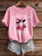 Women's In October We Wear Pink,Pink Halloween Ghost Print Breast Cancer Awareness Tee