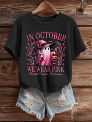Women's In October We Wear Pink,Pink Halloween Ghost Print Breast Cancer Awareness Tee