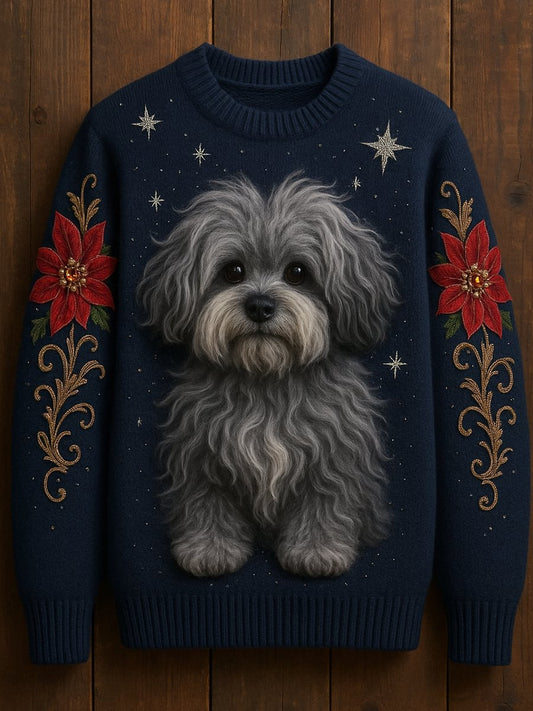 Women's Cute Dog Art Print Casual Crew Neck Sweater