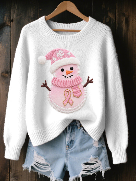 Women's Cute Christmas Snowman Embroidered Cozy Knit Sweater