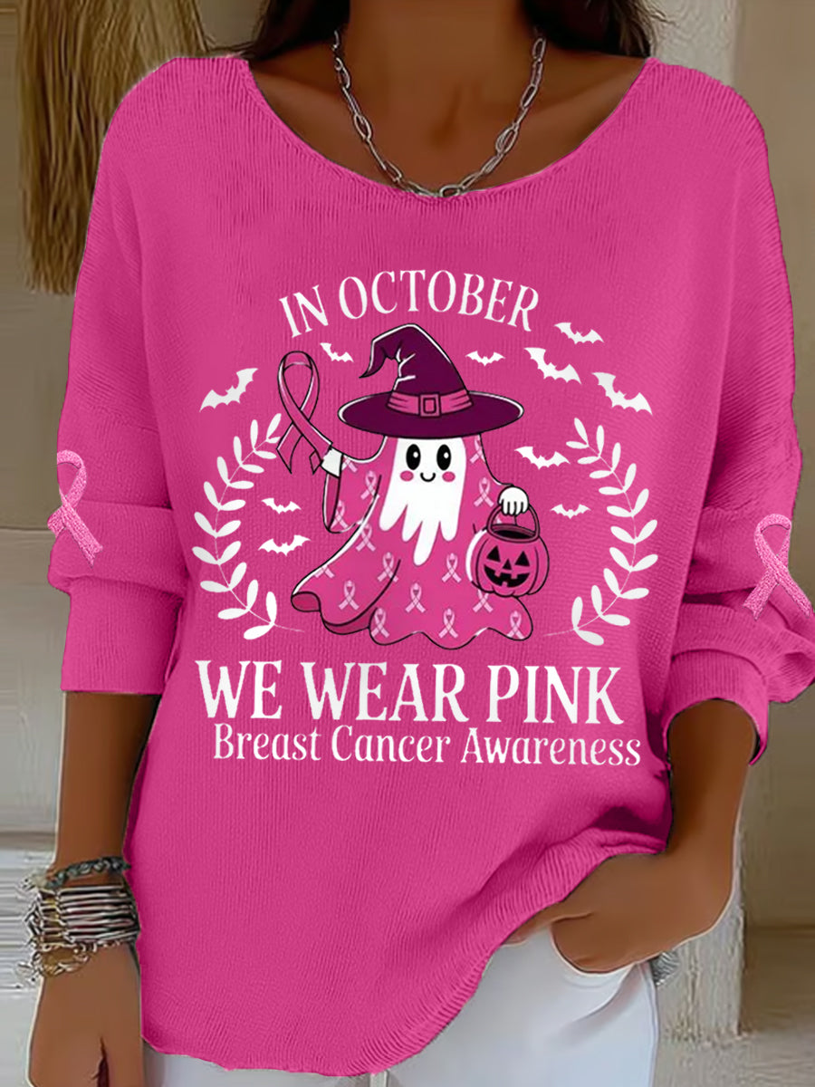 Women's In October We Wear Pink Halloween Pink Ghost Breast Cancer Awareness Support  Long Sleeve Top