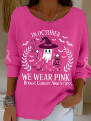 Women's In October We Wear Pink Halloween Pink Ghost Breast Cancer Awareness Support  Long Sleeve Top