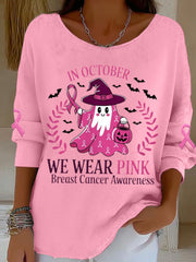 Women's In October We Wear Pink Halloween Pink Ghost Breast Cancer Awareness Support  Long Sleeve Top