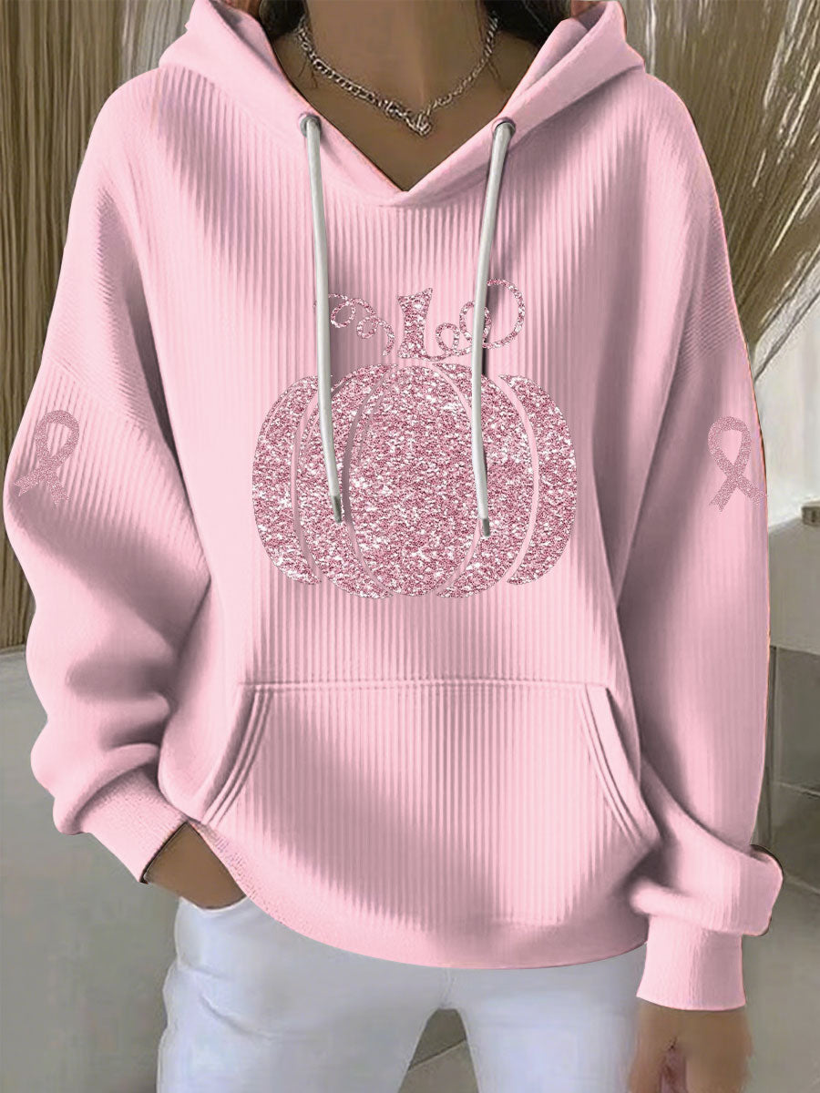 Women's Breast Cancer Awareness Pink Pumpkin Print Casual Hoodie