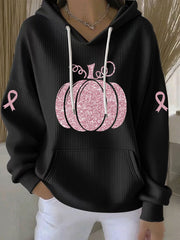 Women's Breast Cancer Awareness Pink Pumpkin Print Casual Hoodie