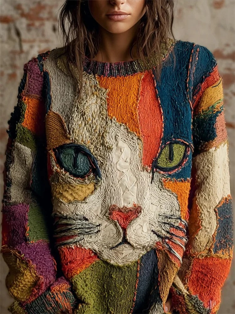 Women's Vintage Cat Art Print Art Casual Knitted Sweater