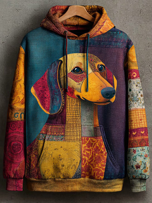 Vintage Patchwork Dog Print Art Casual Hoodie