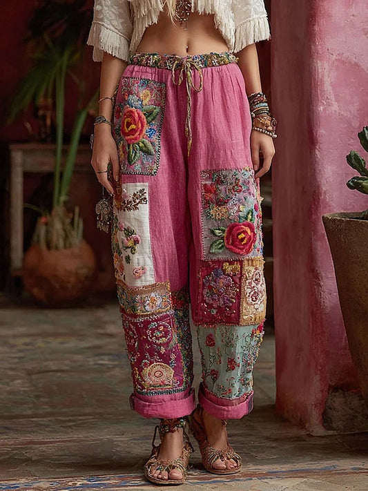 Women's breast cancer pink floral casual pants