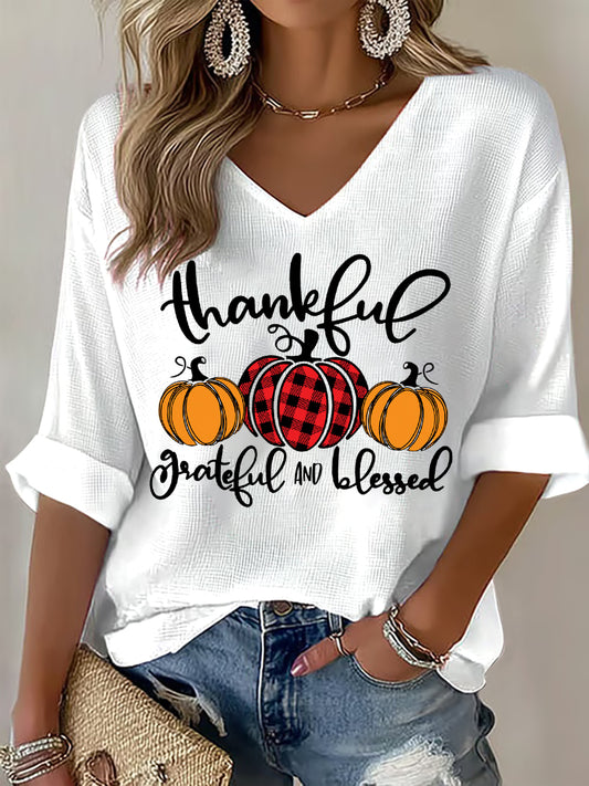 Women's Thankful Greatful And Blessed Waffle T-shirt