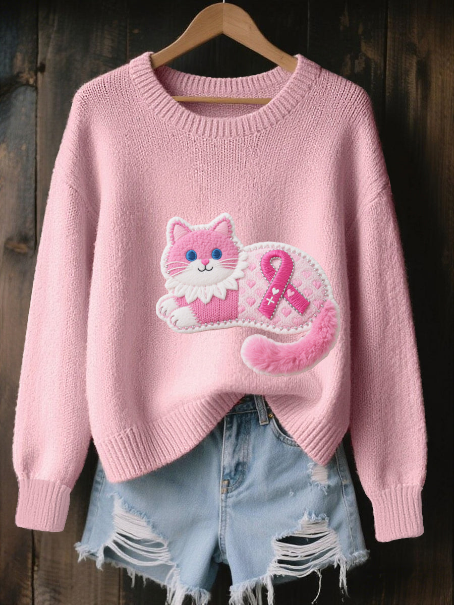 Women's Breast Cancer Pink Print Cozy Knit Sweater