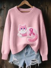 Women's Breast Cancer Pink Print Cozy Knit Sweater