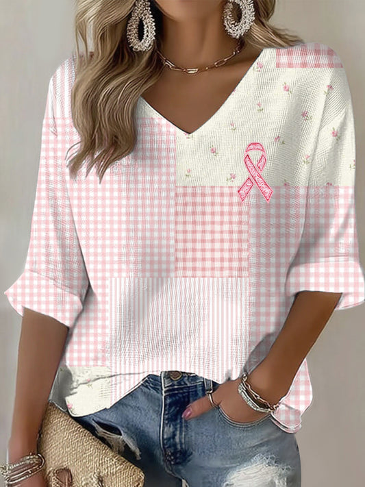 Women's Breast Cancer Pink Print Casual T-shirt