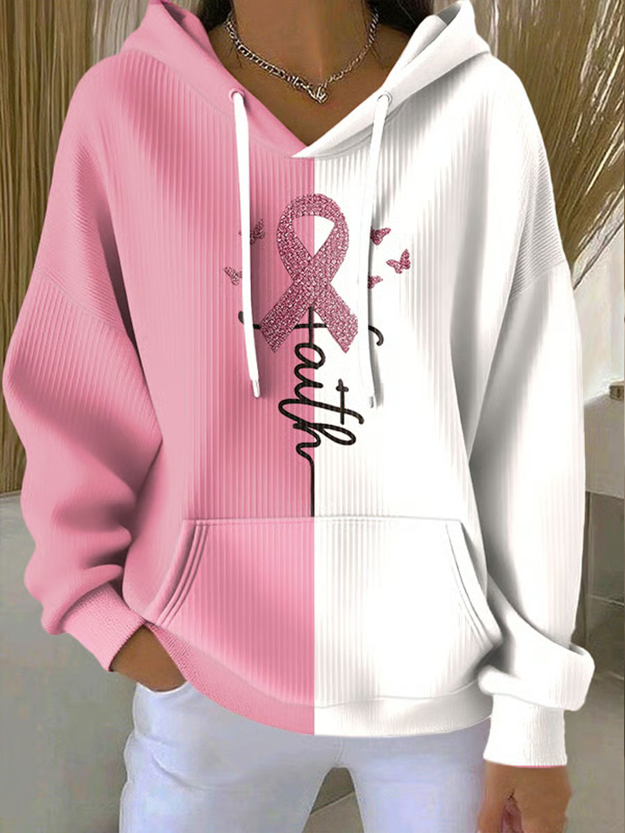 Women's Breast Cancer Awareness Pink Ribbon Print Casual Hoodie