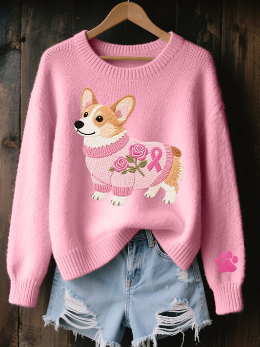 Women's Lovely Corgi Dog Embroidered Cozy Knit Sweater