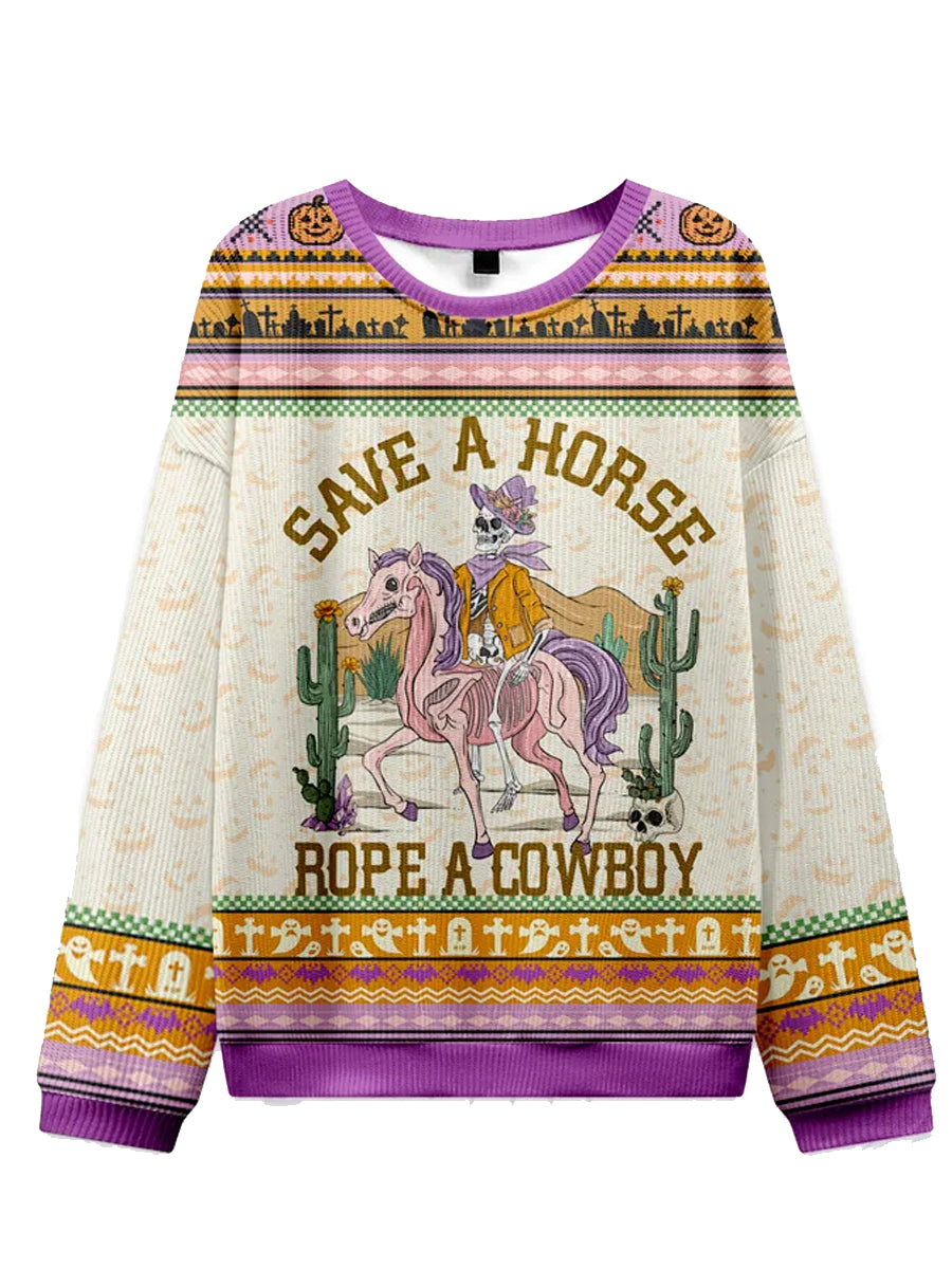 Women's Retro Western Skeleton Print Halloween Ugly Sweatshirt