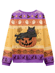 Women's Funny Halloween Black Cat Print Ugly Sweatshirt