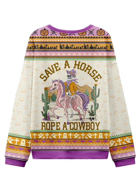 Women's Retro Western Skeleton Print Halloween Ugly Sweatshirt