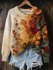 Women's Vintage Autumn Fallen Thanksgiving Print Art Casual Knitted Sweater