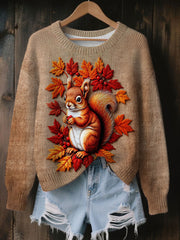Women's Vintage Autumn Fallen Thanksgiving Squirrel Print Art Casual Knitted Sweater
