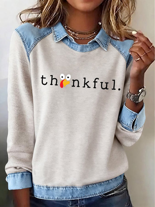 Women's Thankful Turkey Print Patchwork Top