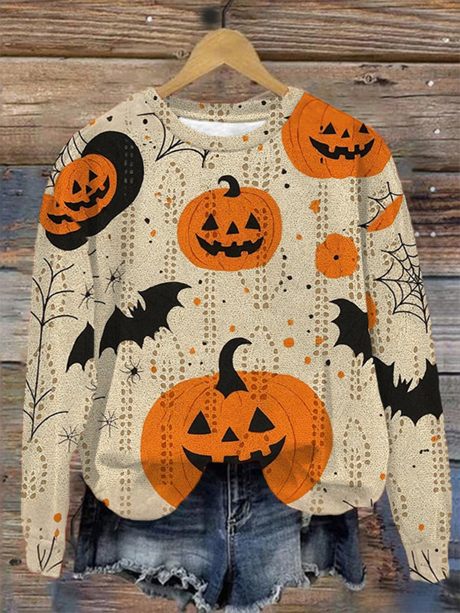 Women's Cute Halloween Pumpkin Bats Print Casual Sweatshirt