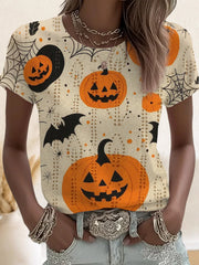 Women's Cute Halloween Pumpkin Bats Print Casual Long-Sleeve Tee