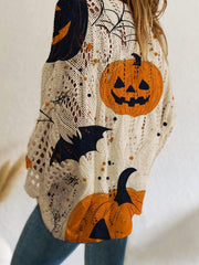Women's Halloween Pumpkin Bats Print Casual Loose Hollow Sweater