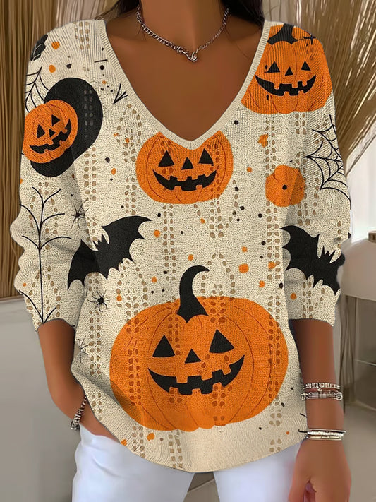 Women's Cute Halloween Pumpkin Bats Print Casual Long-Sleeve Top