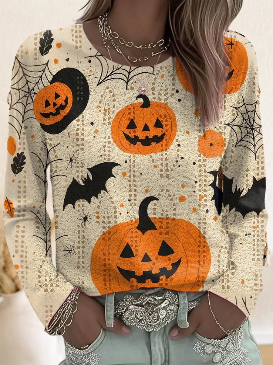 Women's Cute Halloween Pumpkin Bats Print Casual Long-Sleeve T-Shirt