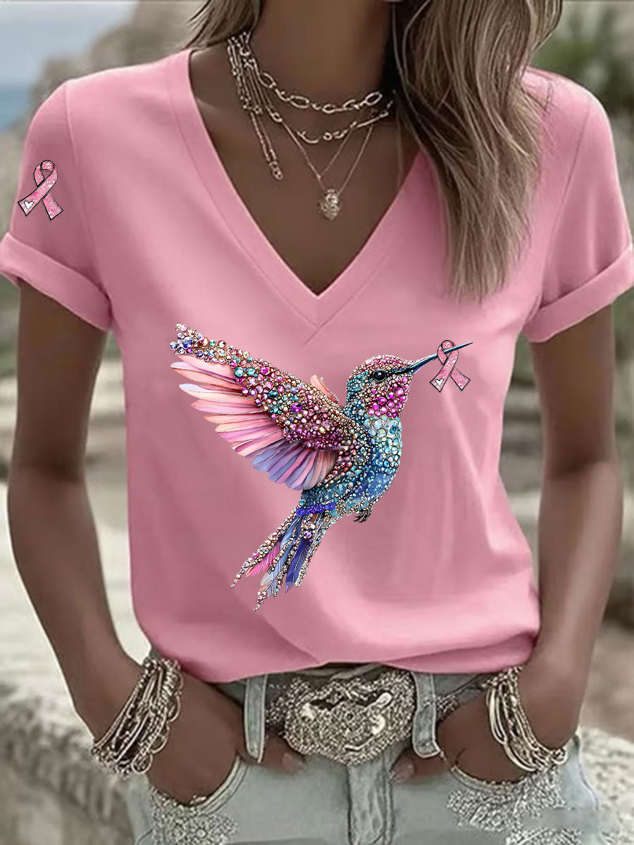 Women's Pink Ribbon Print Casual V-Neck T-Shirt