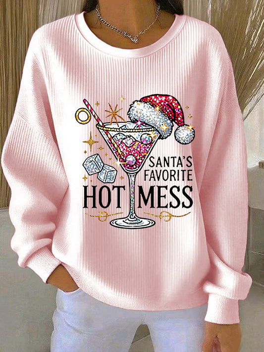 Women's Santa's Favorite Hot Mess Print Casual  Ribbed Round-Neck Sweatshirt