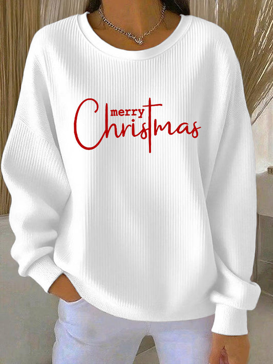 Women's Merry Christmas Cross Print  Ribbed Round-Neck Sweatshirt